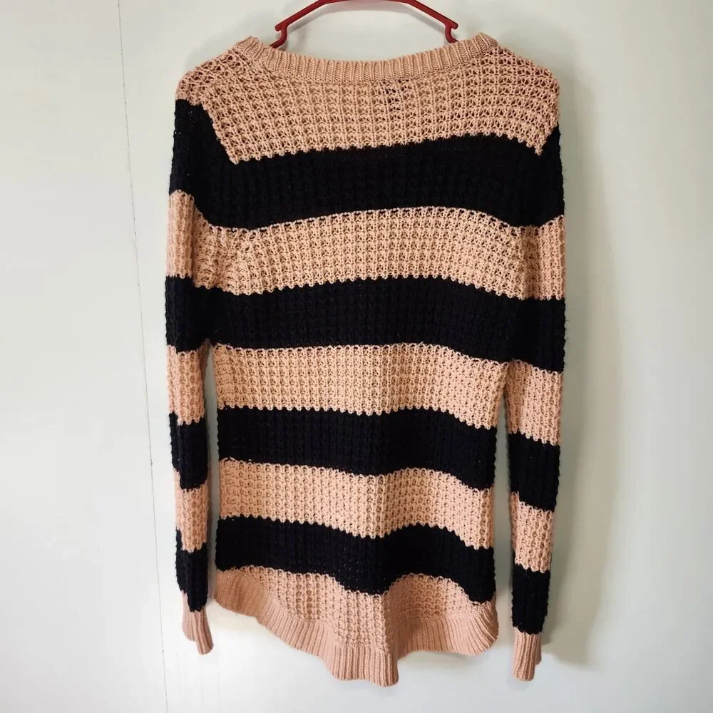 Rue21 Striped Knit Sweater Large Peach Navy High Low Hem Crew Neck Preppy Y2K - Picture 4 of 8